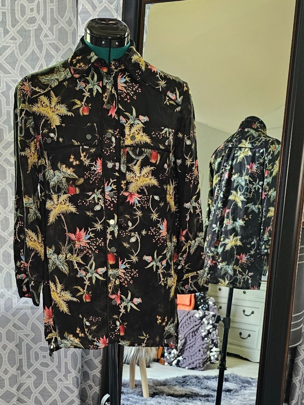 AllSaints Black Floral Botanical Print Blouse – Size XS - Picture 1 of 10